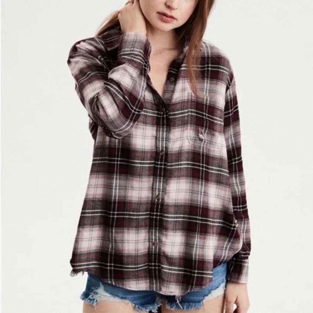 American Eagle Pink Boyfriend Fit Flannel